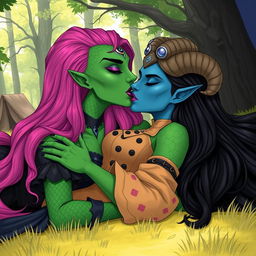 An illustration of a Yuan-ti pureblood woman with vibrant green scaly skin and long, full bright pink hair, wearing bold purple lipstick