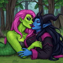 An illustration of a Yuan-ti pureblood woman with vibrant green scaly skin and long, full bright pink hair, wearing bold purple lipstick