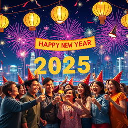 A festive scene depicting a joyful New Year celebration for 2025, featuring a vibrant city skyline covered in colorful fireworks bursting in the night sky