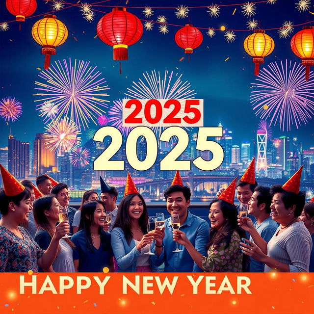 A festive scene depicting a joyful New Year celebration for 2025, featuring a vibrant city skyline covered in colorful fireworks bursting in the night sky