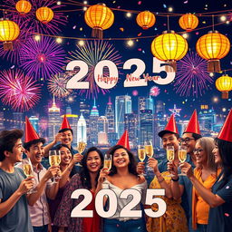 A festive scene depicting a joyful New Year celebration for 2025, featuring a vibrant city skyline covered in colorful fireworks bursting in the night sky