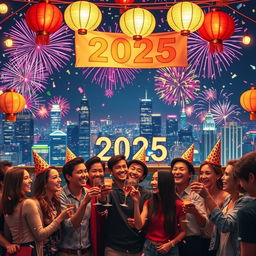 A festive scene depicting a joyful New Year celebration for 2025, featuring a vibrant city skyline covered in colorful fireworks bursting in the night sky