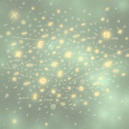 A vast cosmic space filled with an intricate array of glowing mathematical equations and symbols, floating against a soft pale gray and green gradient background