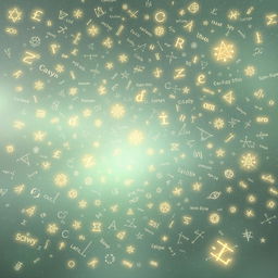 A vast cosmic space filled with an intricate array of glowing mathematical equations and symbols, floating against a soft pale gray and green gradient background