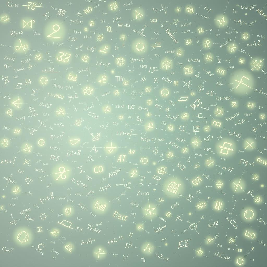 A vast cosmic space filled with an intricate array of glowing mathematical equations and symbols, floating against a soft pale gray and green gradient background