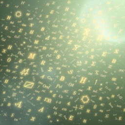 A vast cosmic space filled with an intricate array of glowing mathematical equations and symbols, floating against a soft pale gray and green gradient background