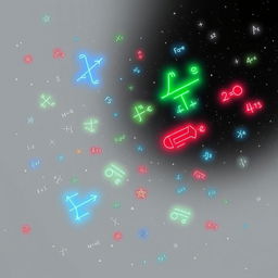 A vast cosmic space filled with glowing mathematical equations floating in mid-air, set against a pale gray and black background