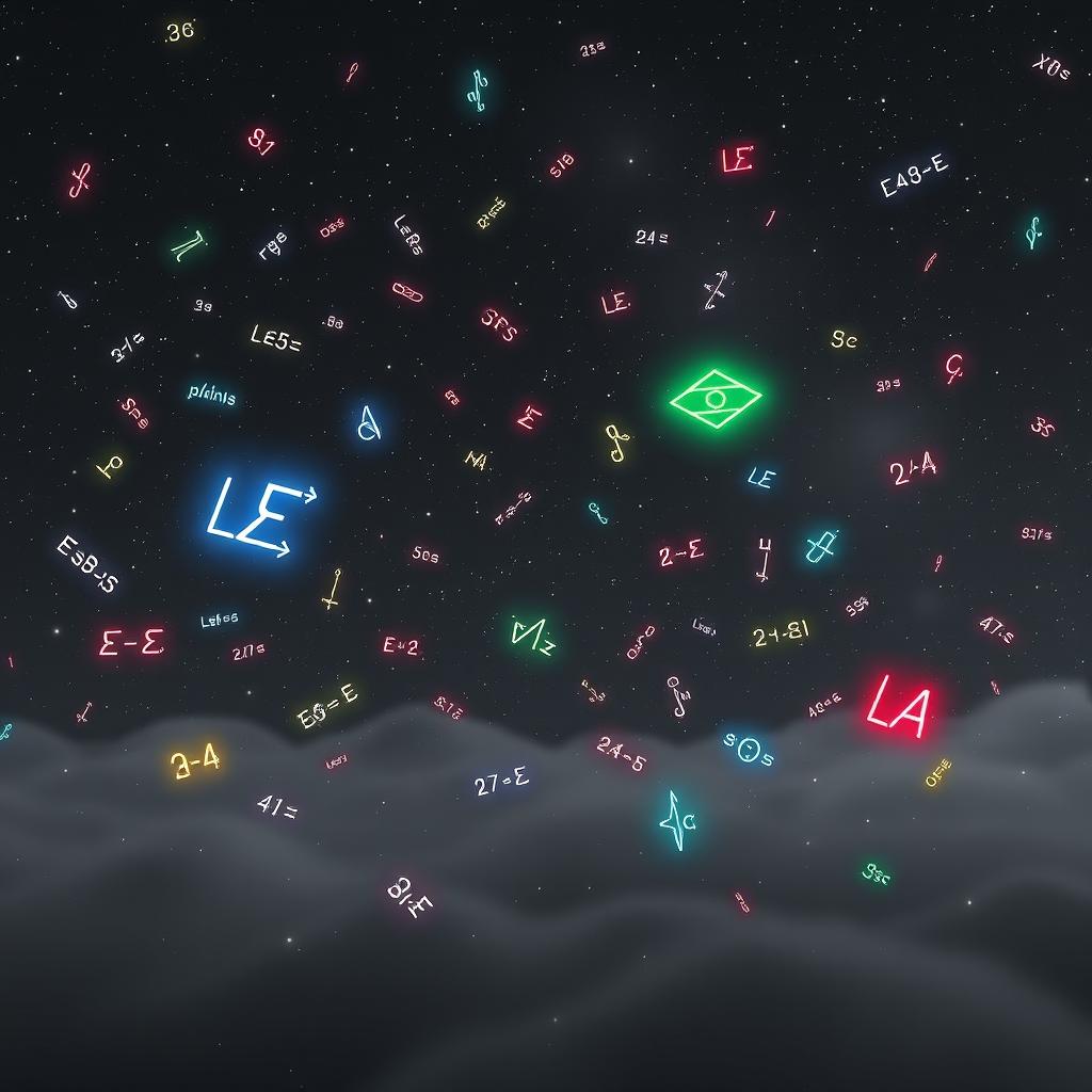 A vast cosmic space filled with glowing mathematical equations floating in mid-air, set against a pale gray and black background