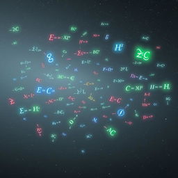 A vast cosmic space filled with glowing mathematical equations floating in mid-air, set against a pale gray and black background