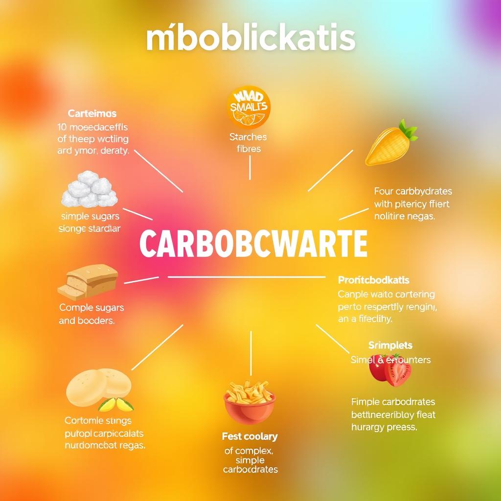 A visually stimulating infographic about carbohydrates, showcasing various types of carbohydrates such as simple sugars, starches, and fibers