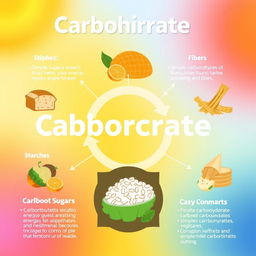 A visually stimulating infographic about carbohydrates, showcasing various types of carbohydrates such as simple sugars, starches, and fibers