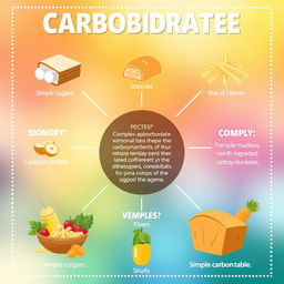 A visually stimulating infographic about carbohydrates, showcasing various types of carbohydrates such as simple sugars, starches, and fibers