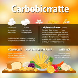 A visually stimulating infographic about carbohydrates, showcasing various types of carbohydrates such as simple sugars, starches, and fibers