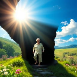 A picturesque depiction of transformation and renewal, showcasing a vibrant landscape where a person is stepping from a dark, shadowy area into a bright, colorful world bathed in sunlight