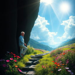 A picturesque depiction of transformation and renewal, showcasing a vibrant landscape where a person is stepping from a dark, shadowy area into a bright, colorful world bathed in sunlight