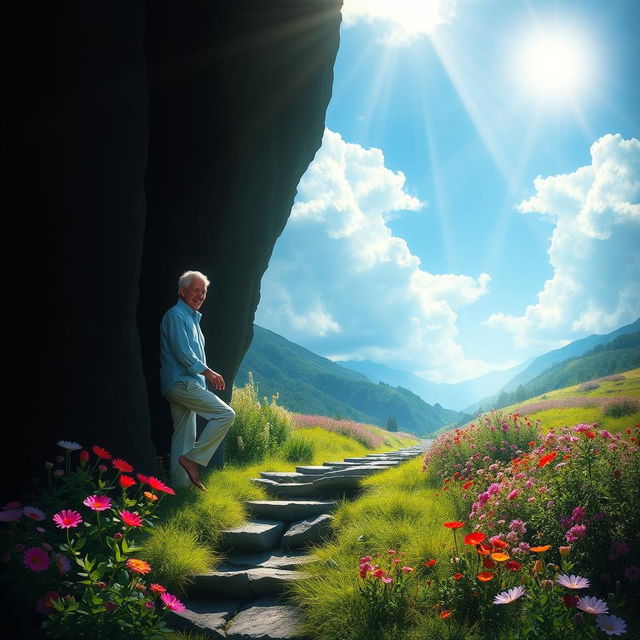 A picturesque depiction of transformation and renewal, showcasing a vibrant landscape where a person is stepping from a dark, shadowy area into a bright, colorful world bathed in sunlight