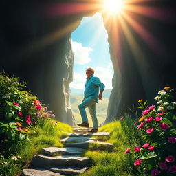 A picturesque depiction of transformation and renewal, showcasing a vibrant landscape where a person is stepping from a dark, shadowy area into a bright, colorful world bathed in sunlight