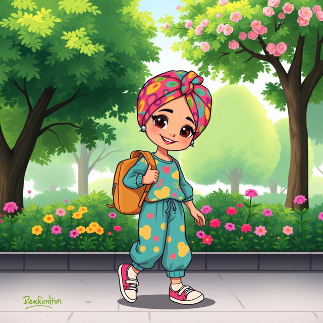 A colorful cartoon character of a girl wearing a vibrant turban with a playful pattern and puffed sleeves