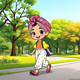 A colorful cartoon character of a girl wearing a vibrant turban with a playful pattern and puffed sleeves