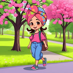 A colorful cartoon character of a girl wearing a vibrant turban with a playful pattern and puffed sleeves