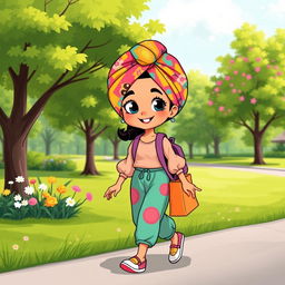 A colorful cartoon character of a girl wearing a vibrant turban with a playful pattern and puffed sleeves