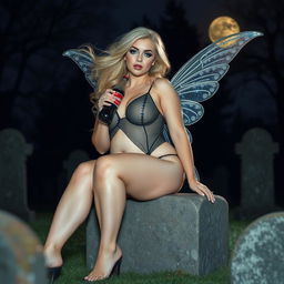 A full-length photographic image of a mystical fairy with flowing blonde hair and shimmering silver wings, sitting elegantly on a gravestone in a cemetery at night, illuminated by soft moonlight