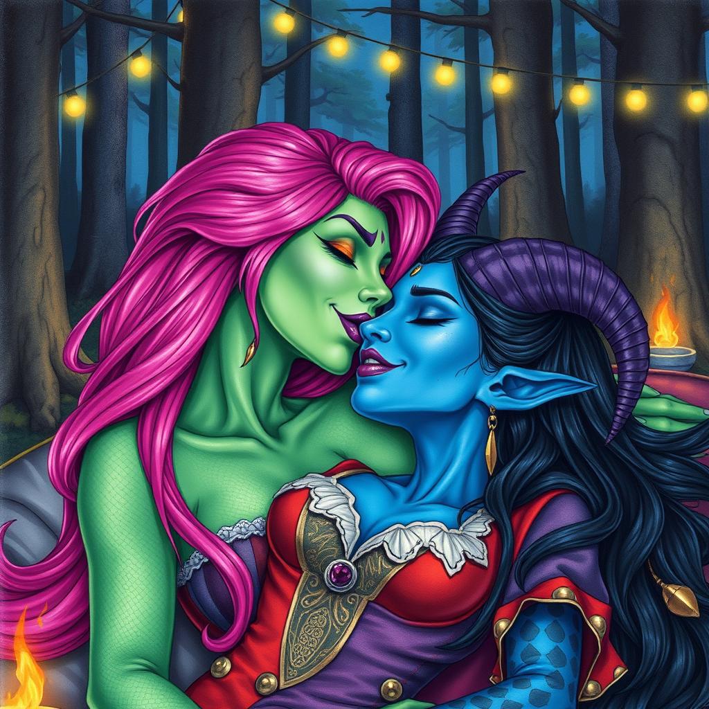 A colored pencil illustration featuring a Yuan-ti pureblood woman with stunning green scaly skin and long, vibrant bright pink hair