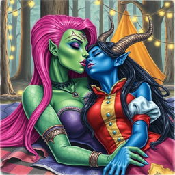 A colored pencil illustration featuring a Yuan-ti pureblood woman with stunning green scaly skin and long, vibrant bright pink hair
