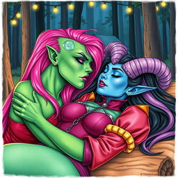 A colored pencil illustration featuring a Yuan-ti pureblood woman with stunning green scaly skin and long, vibrant bright pink hair