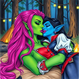 A colored pencil illustration featuring a Yuan-ti pureblood woman with stunning green scaly skin and long, vibrant bright pink hair