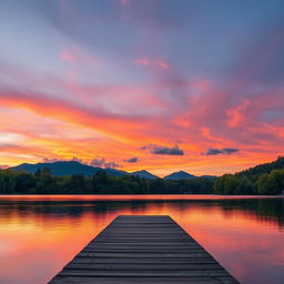 A stunning landscape view of a tranquil sunset over a calm lake, surrounded by lush green trees and distant mountains