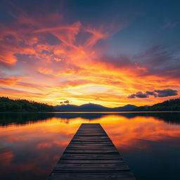 A stunning landscape view of a tranquil sunset over a calm lake, surrounded by lush green trees and distant mountains