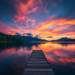 A stunning landscape view of a tranquil sunset over a calm lake, surrounded by lush green trees and distant mountains