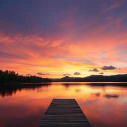 A stunning landscape view of a tranquil sunset over a calm lake, surrounded by lush green trees and distant mountains