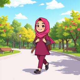 A cartoon character of a girl wearing a dark pink hijab and a dark pink manteau with gray sleeves, paired with dark pink trousers and gray shoes