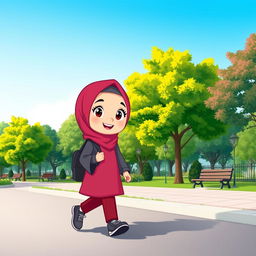 A cartoon character of a girl wearing a dark pink hijab and a dark pink manteau with gray sleeves, paired with dark pink trousers and gray shoes