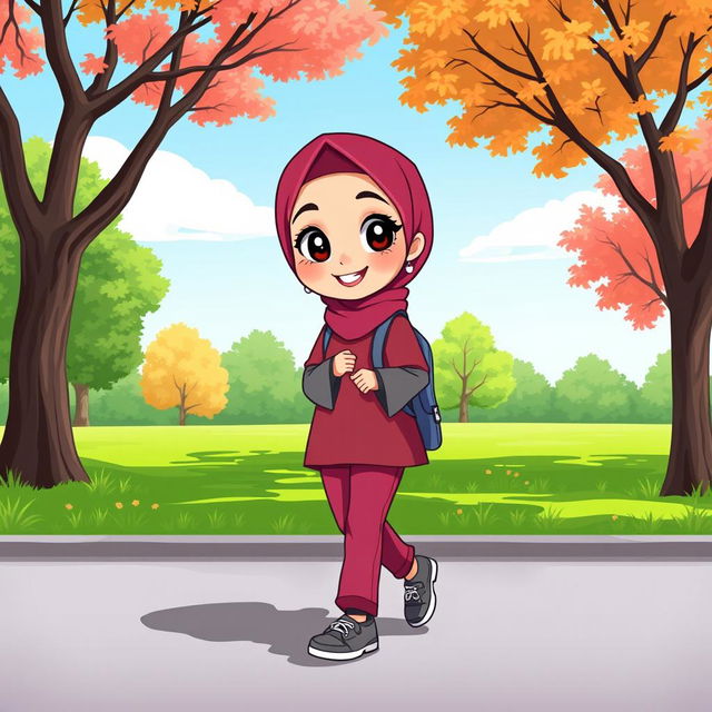 A cartoon character of a girl wearing a dark pink hijab and a dark pink manteau with gray sleeves, paired with dark pink trousers and gray shoes