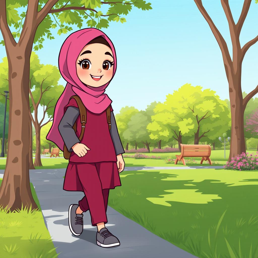 A cartoon character of a girl wearing a dark pink hijab and a dark pink manteau with gray sleeves, paired with dark pink trousers and gray shoes