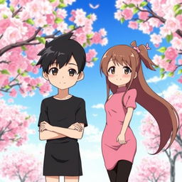 A handsome anime boy with sleek, short black hair styled in a simple yet trendy fashion, wearing a black, plain short dress which has a modern cut
