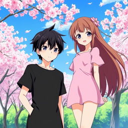 A handsome anime boy with sleek, short black hair styled in a simple yet trendy fashion, wearing a black, plain short dress which has a modern cut