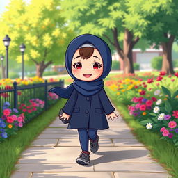 A cartoon girl character wearing a dark blue headscarf and a dark blue long coat with gray sleeves