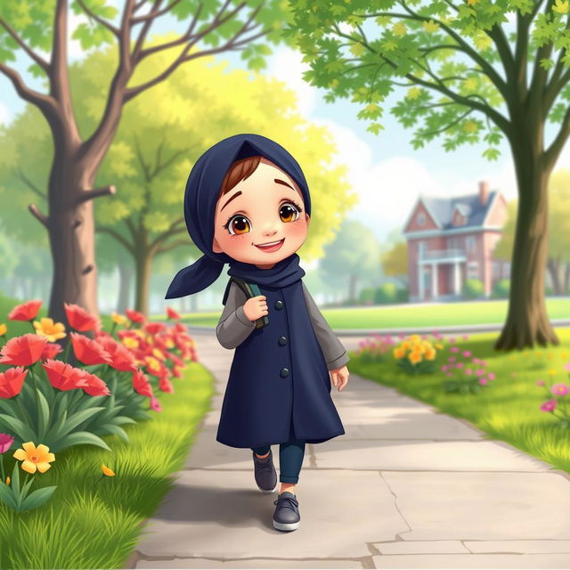 A cartoon girl character wearing a dark blue headscarf and a dark blue long coat with gray sleeves