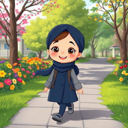 A cartoon girl character wearing a dark blue headscarf and a dark blue long coat with gray sleeves