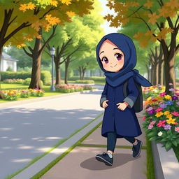 A cartoon girl character wearing a dark blue headscarf and a dark blue long coat with gray sleeves