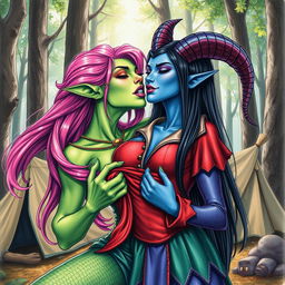 A colored pencil illustration depicting a Yuan-ti pureblood woman with vibrant green scaly skin, long, flowing bright pink hair, and striking purple lipstick