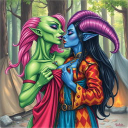 A colored pencil illustration depicting a Yuan-ti pureblood woman with vibrant green scaly skin, long, flowing bright pink hair, and striking purple lipstick