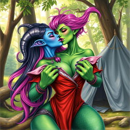 A colored pencil illustration depicting a Yuan-ti pureblood woman with vibrant green scaly skin, long, flowing bright pink hair, and striking purple lipstick