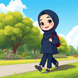A cartoon character of a girl in a dark blue hijab and a dark blue manteau with gray sleeves, wearing dark blue trousers and gray shoes