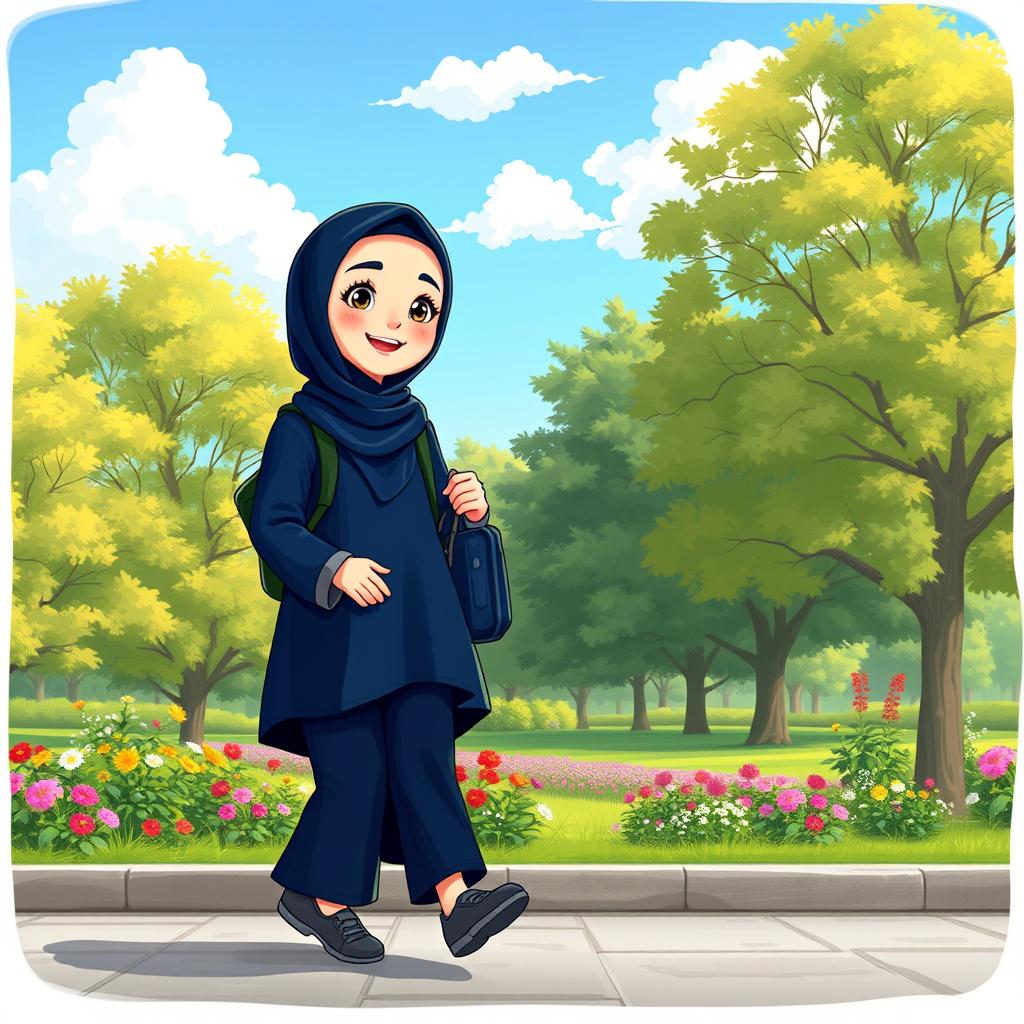 A cartoon character of a girl in a dark blue hijab and a dark blue manteau with gray sleeves, wearing dark blue trousers and gray shoes