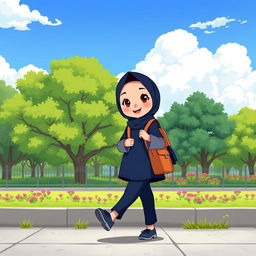 A cartoon character of a girl in a dark blue hijab and a dark blue manteau with gray sleeves, wearing dark blue trousers and gray shoes